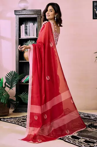 ready made red chanderi cotton screen printed work, ceremony, party and festive saree