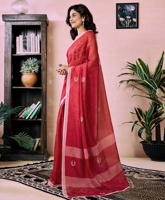 ready made red chanderi cotton screen printed work, ceremony, party and festive saree 3