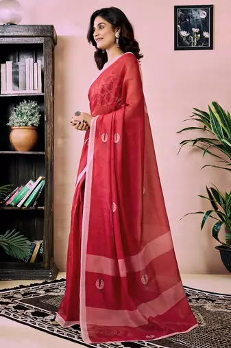 ready made red chanderi cotton screen printed work, ceremony, party and festive saree