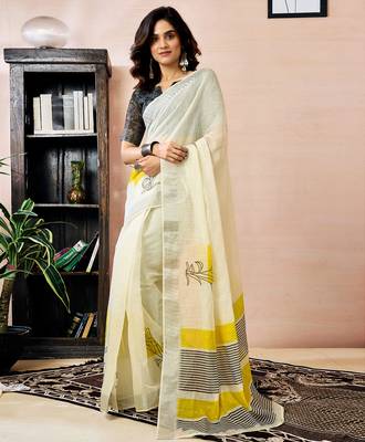 pre-stitched white linen zari screen printed zari work work, ceremony, party and festive saree 1