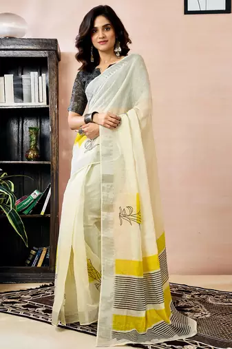 White linen zari screen printed zari work work, ceremony, party and festive ready to wear saree with blouse