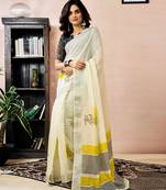 ready to wear white linen zari screen printed zari work work, ceremony, party and festive saree with blouse