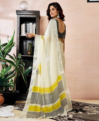pre-stitched white linen zari screen printed zari work work, ceremony, party and festive saree 2