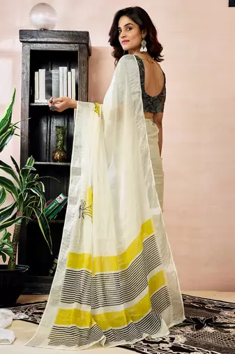 pre-stitched white linen zari screen printed zari work work, ceremony, party and festive saree