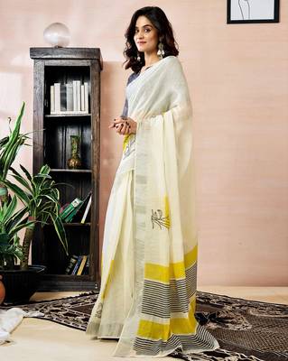 pre-stitched white linen zari screen printed zari work work, ceremony, party and festive saree 3