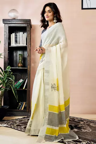pre-stitched white linen zari screen printed zari work work, ceremony, party and festive saree