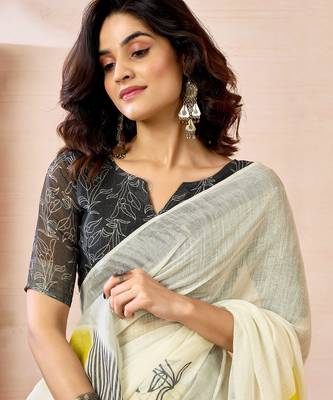 pre-stitched white linen zari screen printed zari work work, ceremony, party and festive saree 4