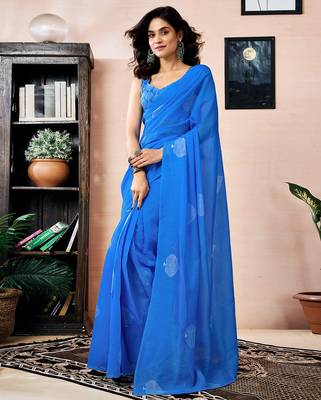 ready made blue chanderi cotton screen printed work, ceremony, party and festive saree 1