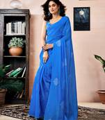 ready to wear blue chanderi cotton screen printed work, ceremony, party and festive saree with blouse