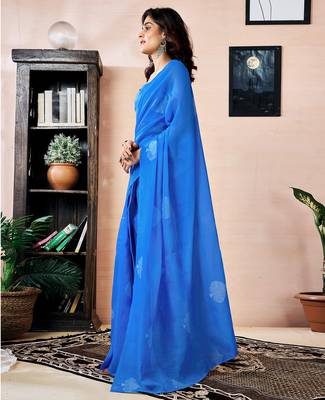 ready made blue chanderi cotton screen printed work, ceremony, party and festive saree 3