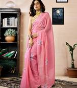 ready to wear pink chanderi cotton screen printed work, ceremony, party and festive saree with blouse