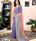 ready to wear red, grey and blue chanderi cotton screen printed work, ceremony, party and festive saree with blouse