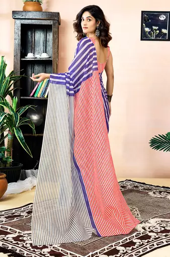 ready to wear red, grey and blue chanderi cotton screen printed work, ceremony, party and festive saree