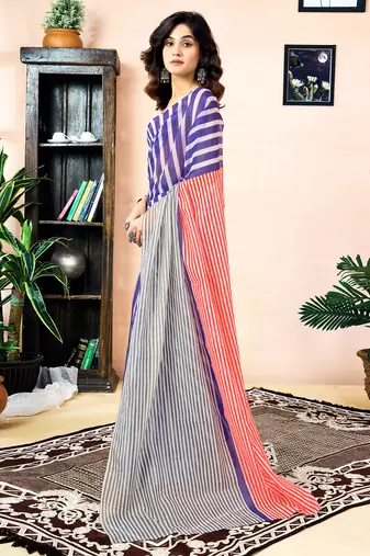 ready to wear red, grey and blue chanderi cotton screen printed work, ceremony, party and festive saree
