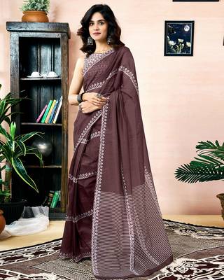 pre draped brown chanderi cotton screen printed work, ceremony, party and festive saree 1