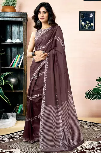 Brown chanderi cotton screen printed work, ceremony, party and festive ready to wear saree with blouse