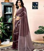 ready to wear brown chanderi cotton screen printed work, ceremony, party and festive saree with blouse
