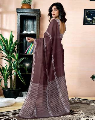 pre draped brown chanderi cotton screen printed work, ceremony, party and festive saree 2