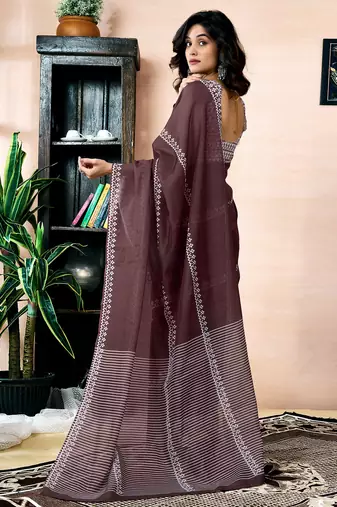 pre draped brown chanderi cotton screen printed work, ceremony, party and festive saree