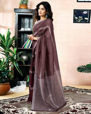 pre draped brown chanderi cotton screen printed work, ceremony, party and festive saree 3