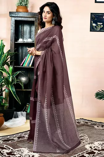 pre draped brown chanderi cotton screen printed work, ceremony, party and festive saree