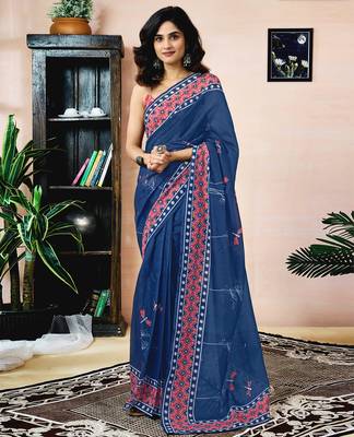 ready made blue chanderi cotton screen printed work, ceremony, party and festive saree 1