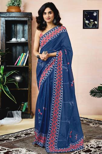 Blue chanderi cotton screen printed work, ceremony, party and festive ready to wear saree with blouse