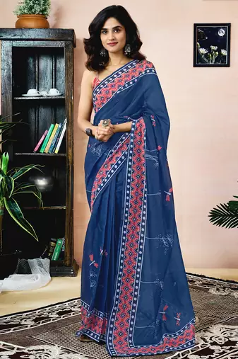 Blue chanderi cotton screen printed work, ceremony, party and festive ready to wear saree with blouse