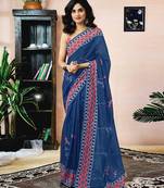 ready to wear blue chanderi cotton screen printed work, ceremony, party and festive saree with blouse