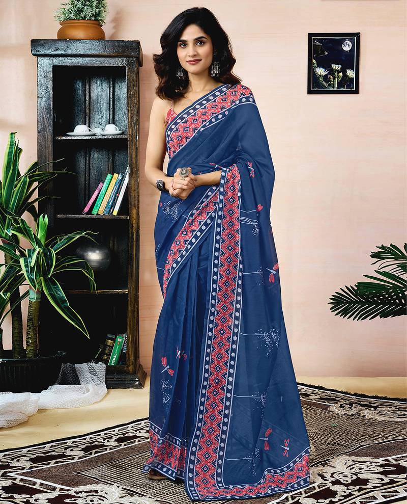 Blue chanderi cotton screen printed work, ceremony, party and festive ready to wear saree with blouse