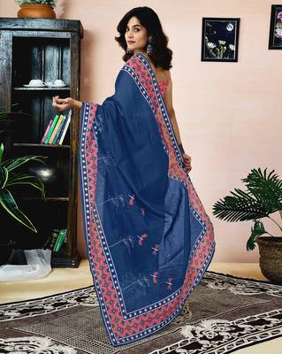 ready made blue chanderi cotton screen printed work, ceremony, party and festive saree 2