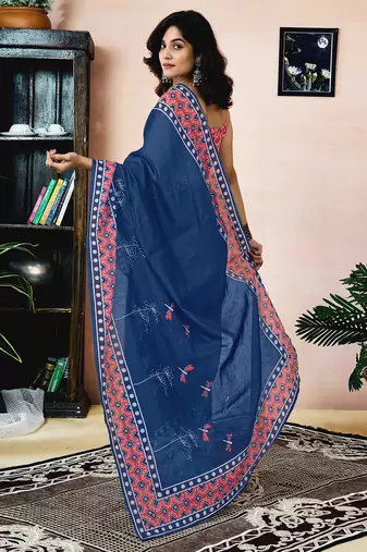 ready made blue chanderi cotton screen printed work, ceremony, party and festive saree