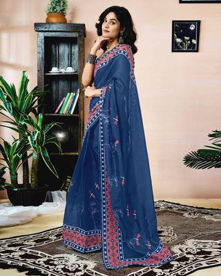 ready made blue chanderi cotton screen printed work, ceremony, party and festive saree 3