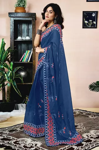 ready made blue chanderi cotton screen printed work, ceremony, party and festive saree