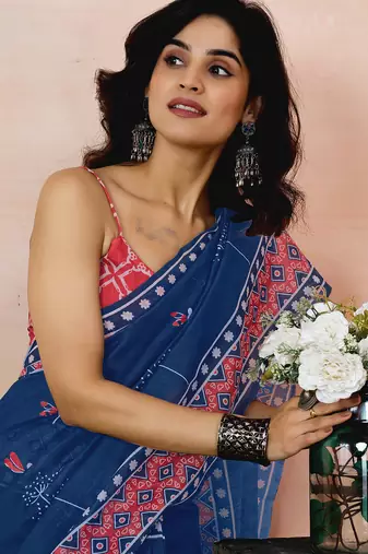 ready made blue chanderi cotton screen printed work, ceremony, party and festive saree