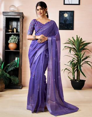 pre-stitched purple linen zari screen printed zari work work, ceremony, party and festive saree 1