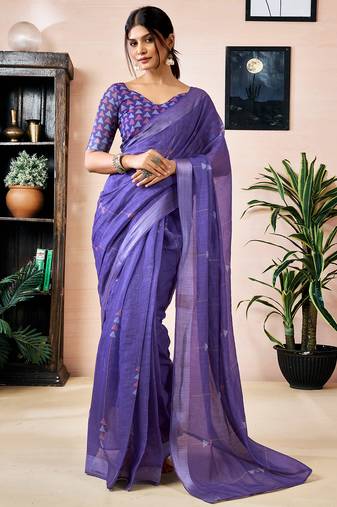 Purple linen zari screen printed zari work work, ceremony, party and festive ready to wear saree with blouse