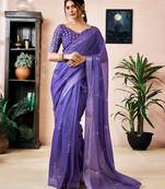 ready to wear purple linen zari screen printed zari work work, ceremony, party and festive saree with blouse