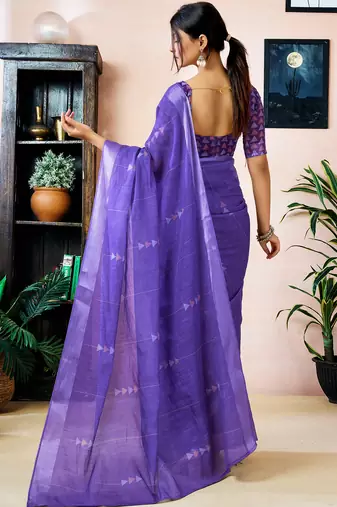 pre-stitched purple linen zari screen printed zari work work, ceremony, party and festive saree