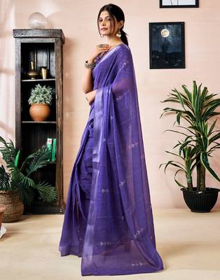 pre-stitched purple linen zari screen printed zari work work, ceremony, party and festive saree 3