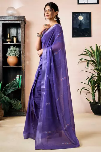 pre-stitched purple linen zari screen printed zari work work, ceremony, party and festive saree