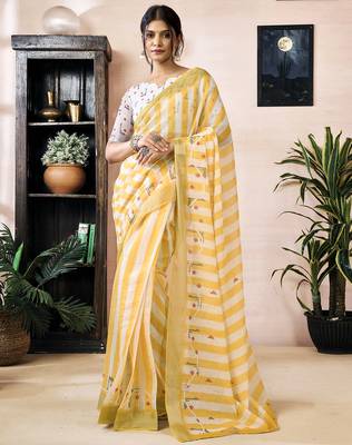 ready to wear yellow linen zari screen printed zari work work, ceremony, party and festive saree 1