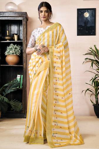 Yellow linen zari screen printed zari work work, ceremony, party and festive ready to wear saree with blouse