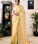 ready to wear yellow linen zari screen printed zari work work, ceremony, party and festive saree with blouse