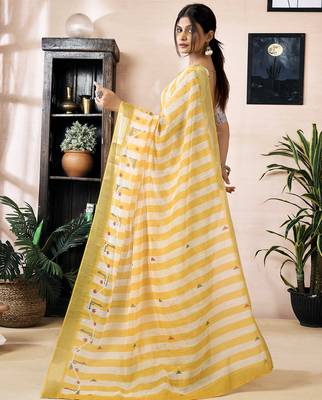 ready to wear yellow linen zari screen printed zari work work, ceremony, party and festive saree 2