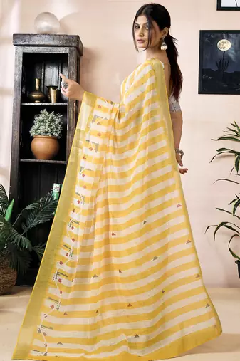 ready to wear yellow linen zari screen printed zari work work, ceremony, party and festive saree