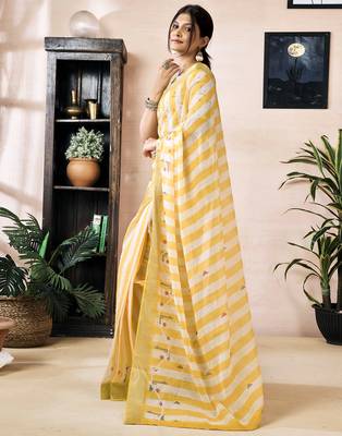 ready to wear yellow linen zari screen printed zari work work, ceremony, party and festive saree 3