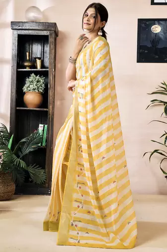 ready to wear yellow linen zari screen printed zari work work, ceremony, party and festive saree