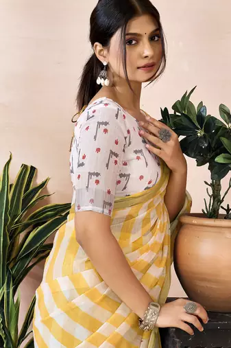 ready to wear yellow linen zari screen printed zari work work, ceremony, party and festive saree