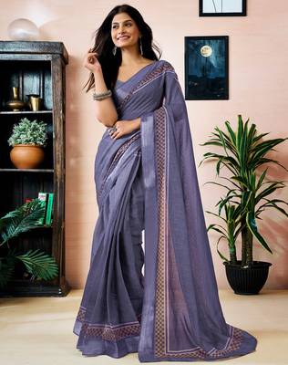 pre draped purple linen zari screen printed zari work work, ceremony, party and festive saree 1